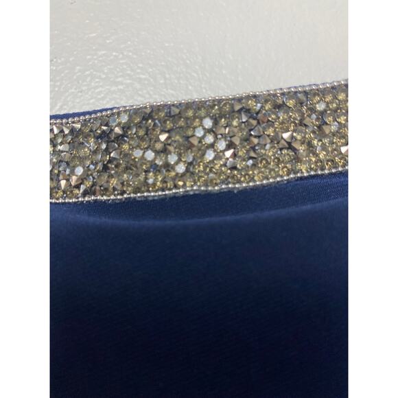 NWT ADRIANNA PAPELL JUMPSUIT JERSEY BEADED BLUE SILVER OFF SHOULDER WIDE LEG - Picture 7 of 10